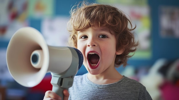 a little boy is shouting into a microphone