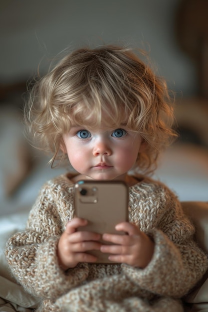 Little boy is sitting on bed and playing with smartphone