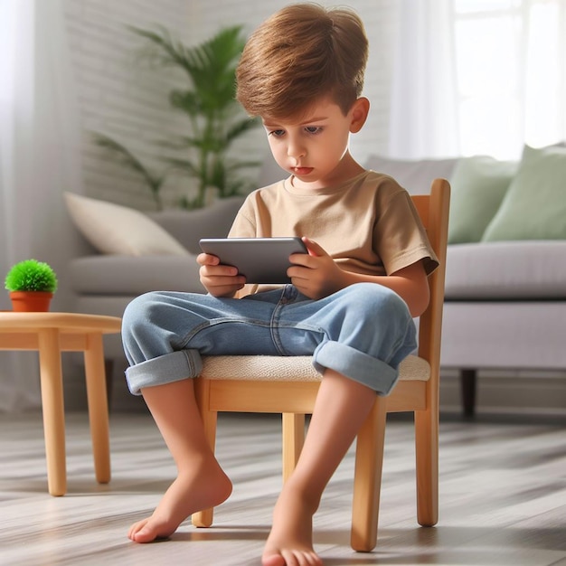 a little boy is sitting in a chair with a tablet in his lap