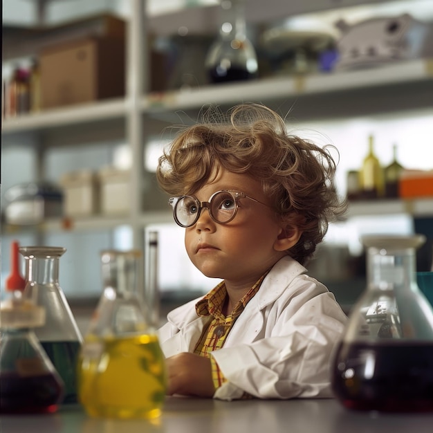 Photo a little boy is sitting at a table with a lab coat on