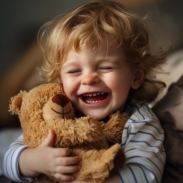 Photo a little boy is smiling and holding a teddy bear