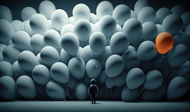 Little boy is standing Colorful glowing balloons Beautiful colorful picture Generative AI