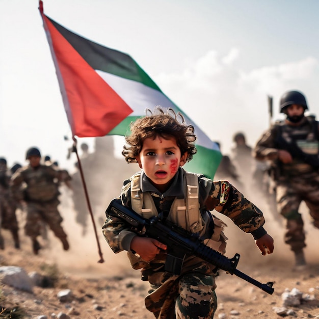 Photo a little boy is walking with a flag that says  a  on it