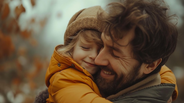 Photo little boy kisses his father who is piggybacking him while spending time together at home