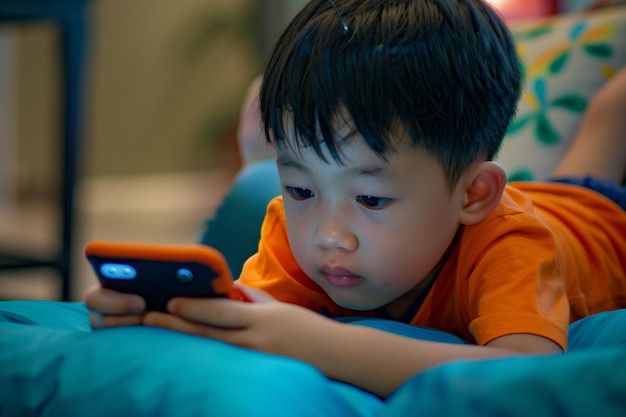 a little boy laying on a couch with a phone in his hand