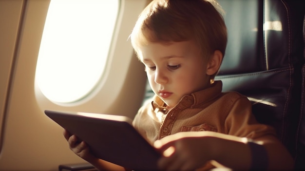 A little boy looking at a touch pad while flying Generative AI