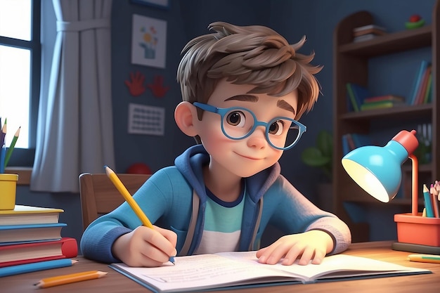 Little boy makes a homework Cartoon vector illustration