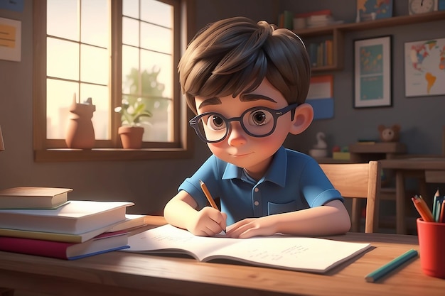 Little boy makes a homework Cartoon vector illustration