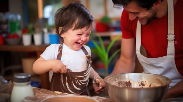 Little boy making pastries with his father