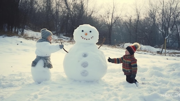 Little boy making a snowman in the park on a snowy day