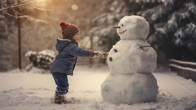 Little boy making a snowman in the park on a snowy day