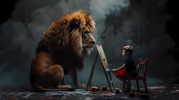 Little boy painting a lion in dark room with smoke and clouds Generative AI illustrations