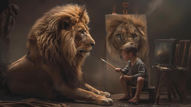 Little boy painting a lion with oil paints on canvas in the studio Generative AI illustrations