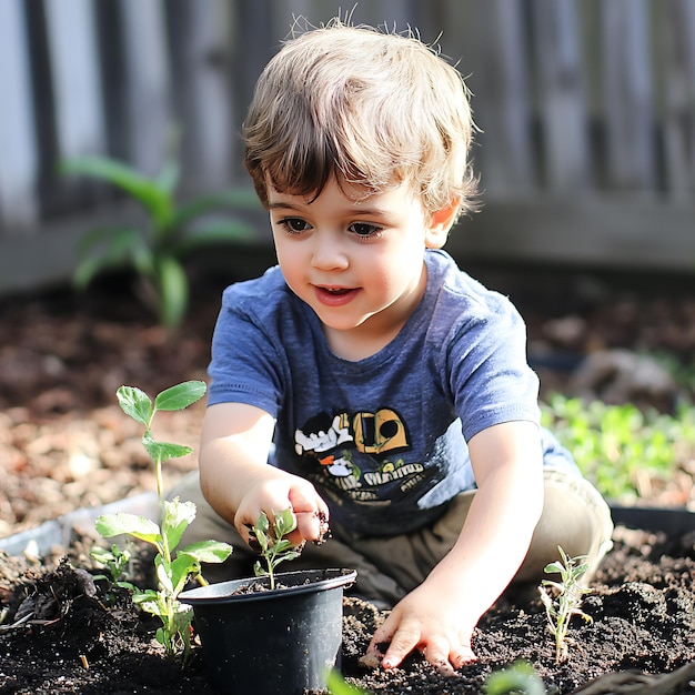 Photo little boy planting a seedling in the garden