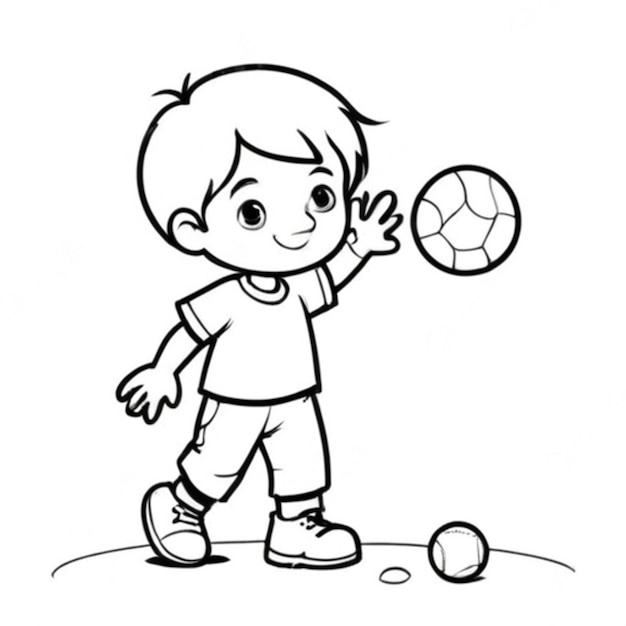 Photo little boy playing ball line art white background