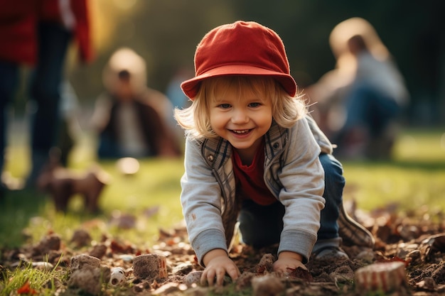 Little boy playing and exploring outside in the park