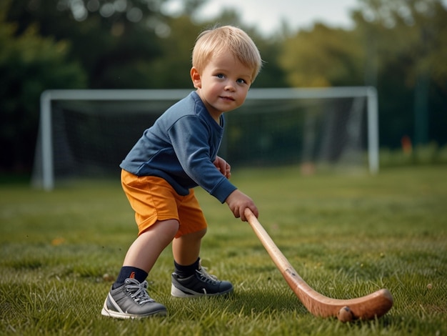 Photo little boy playing hockey