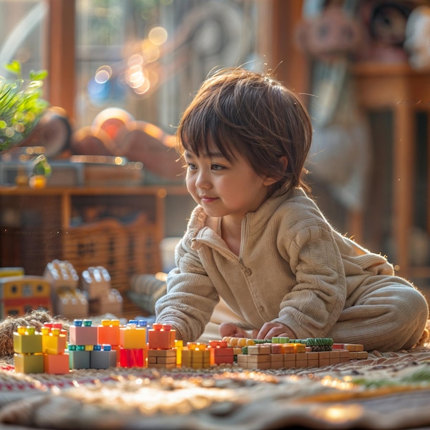 a little boy playing with blocks on a rug