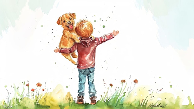 Little boy playing with good dog on light background Watercolor illustration