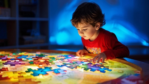 a little boy playing with puzzle pieces in a room