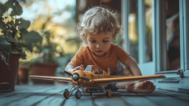 Photo little boy playing with toy airplane outdoors