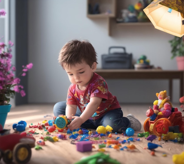 A little boy playing with toys and a yellow umbrella.