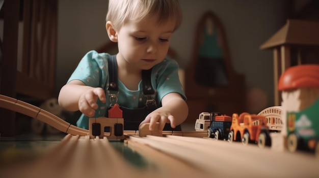 A little boy plays with a toy train track.