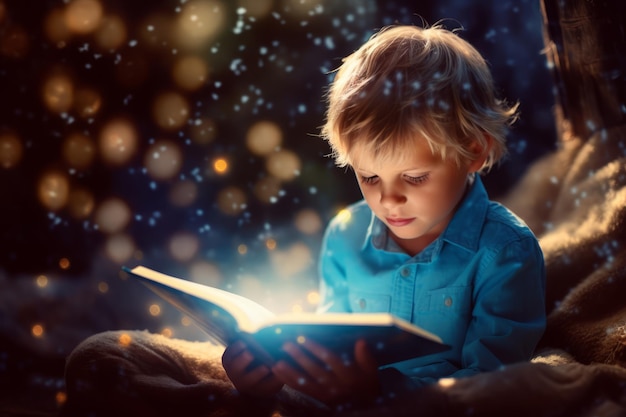 A little boy reading a book with a light on it