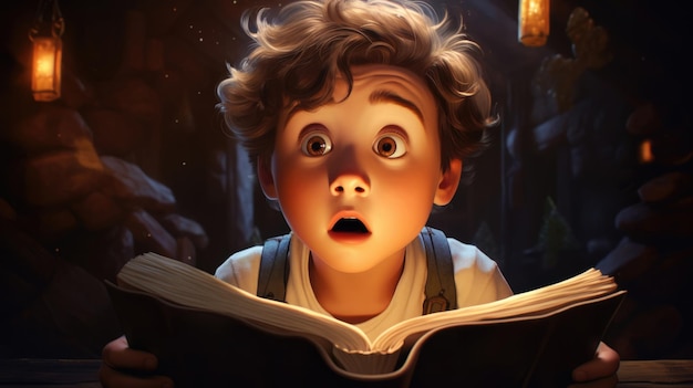 A little boy reading a book with a surprised expression