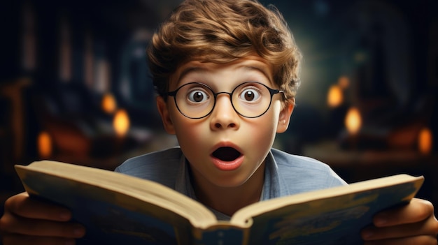 A little boy reading a book with a surprised expression