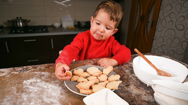 Little boy in red sweater holding a plate of Christmas cookies