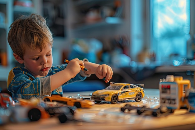 Photo a little boy repairing a model radiocontrolled car at home