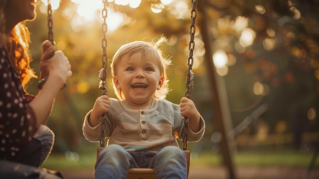 Little boy riding on a makeshift swing in the park Mom looks at the flight of a little son