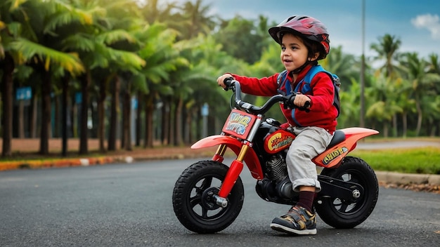 a little boy riding a motorcycle with a sign that says quot the word quot on it