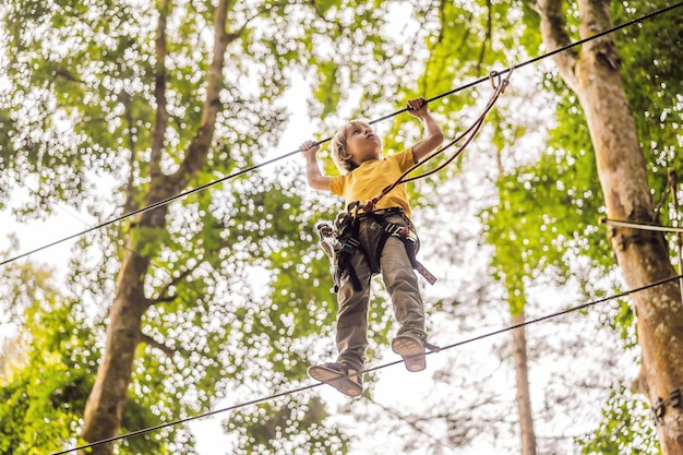 Little boy in a rope park Active physical recreation of the child in the fresh air in the park Training for children