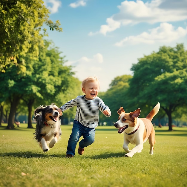 A little boy running with two dogs on a leash 4K Image