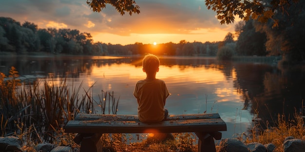 A little boy sits on a bench by the river and admires the stunningly beautiful sunset