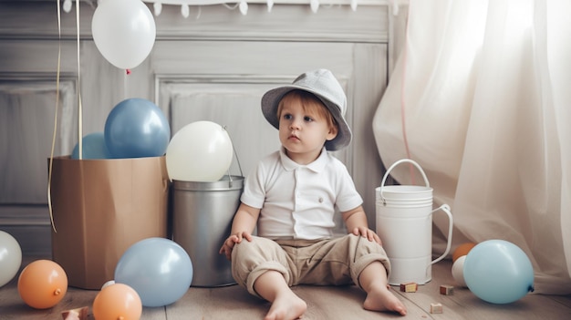 A little boy sits on the floor surrounded by balloons and balloons.