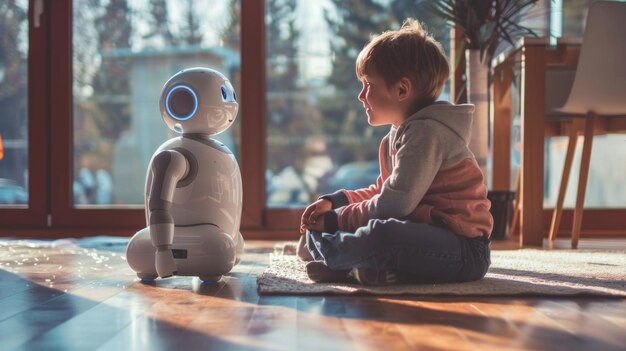 a little boy sits next to a robot that is sitting on a floor