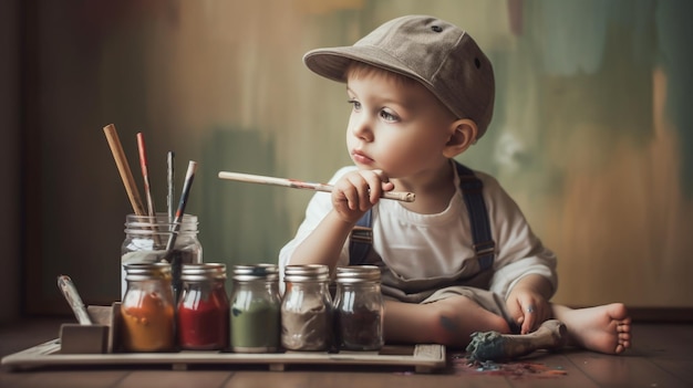 A little boy sits at a table with a paintbrush and a paintbrush.