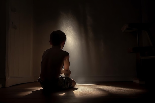 Little boy sitting alone in the dark Interior fear