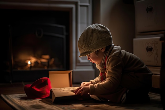 A little boy sitting on the floor reading a book