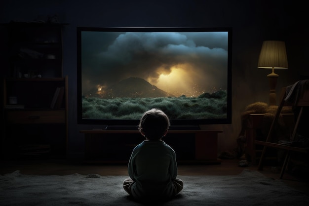 Little boy sitting in front of tv set screen in dark room Child watching tv Gamer playing video game Children addiction