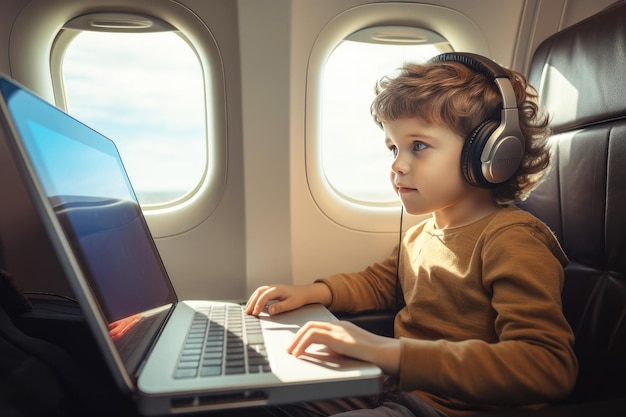 Little boy sitting at a laptop with headphones on an airplane