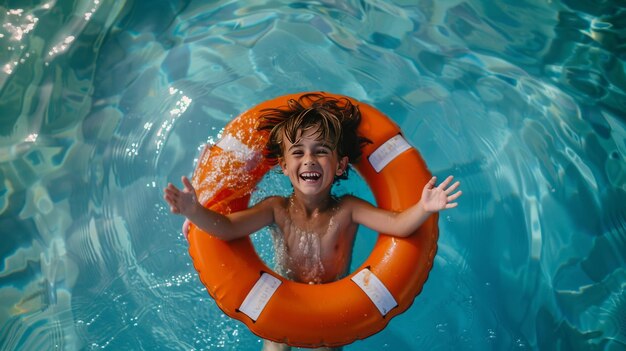 Little boy sitting in a lifebuoy in a pool top view tropical background