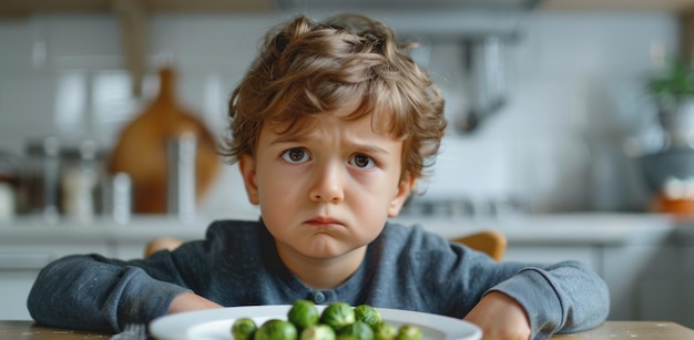 Photo little boy sitting at table with plate of broccoli