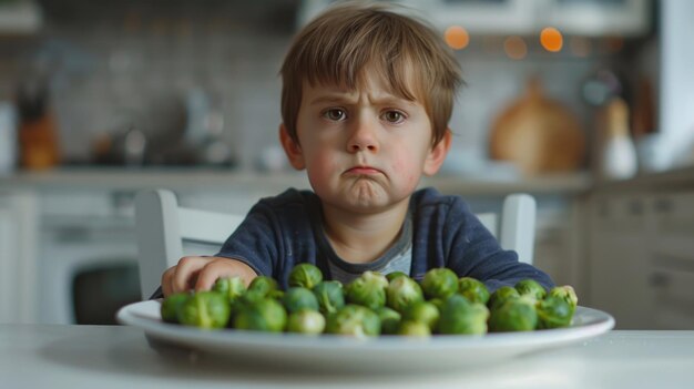 Photo little boy sitting at table with plate of broccoli