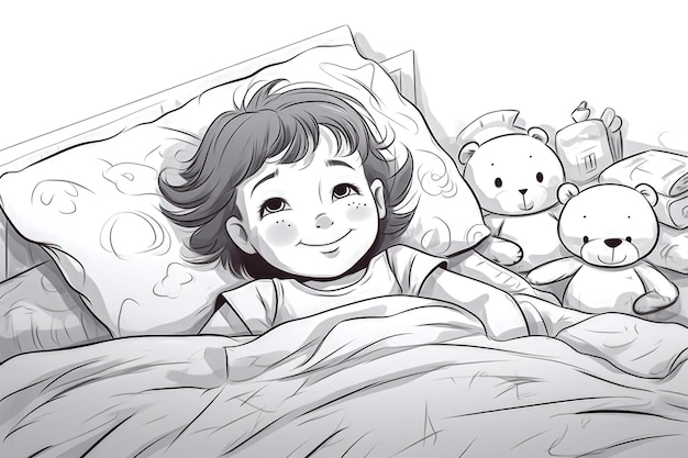 Little boy sleeping in bed with his teddy bears