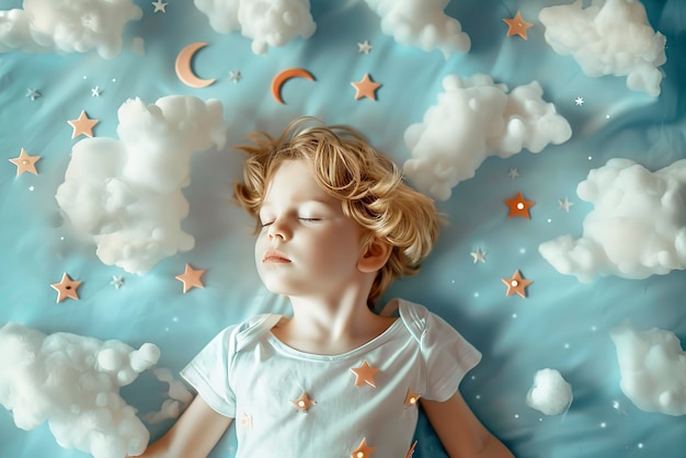 Photo little boy sleeping on clouds in bed night sky with moon and stars background