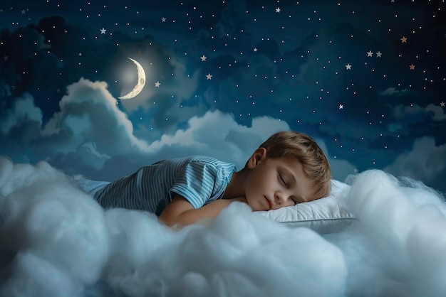 Little boy sleeping on clouds in bed night sky with moon and stars background